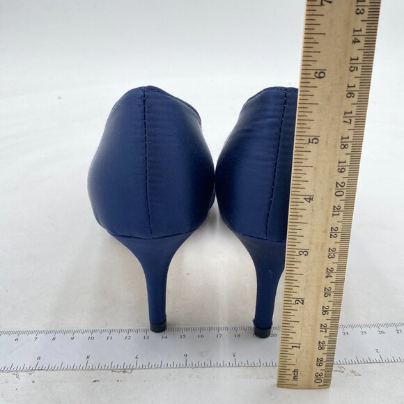 FSJ Navy Kitten Heels Pointed Toe Slip on Pumps D'Orsay Pleated Satin Dress Shoe - Picture 5 of 8